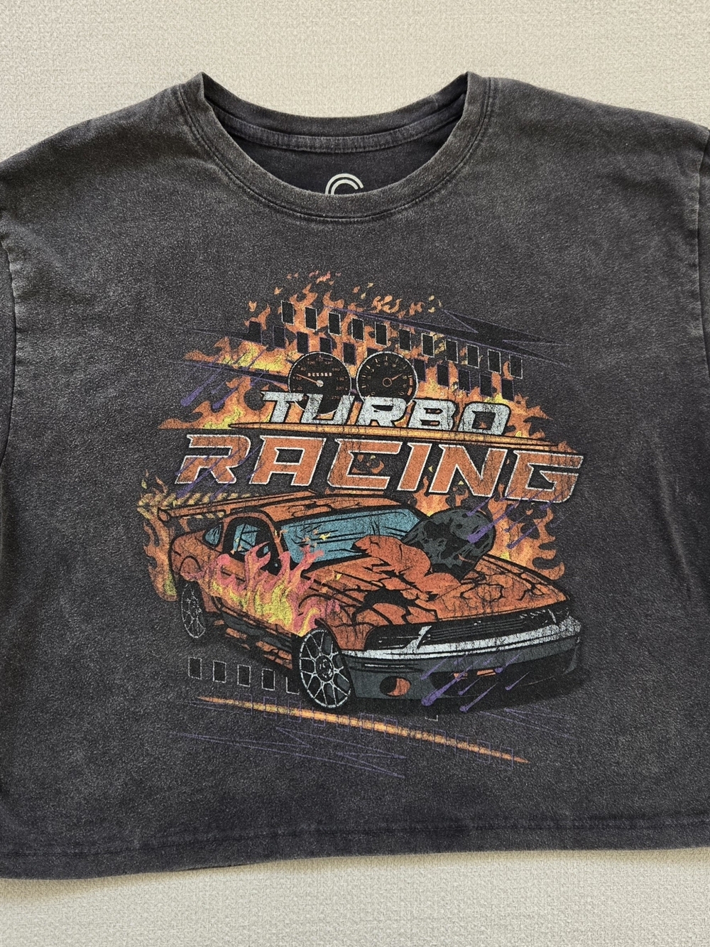 Social Culture Mineral Wash Turbo Racing Cropped Graphic Tee - L